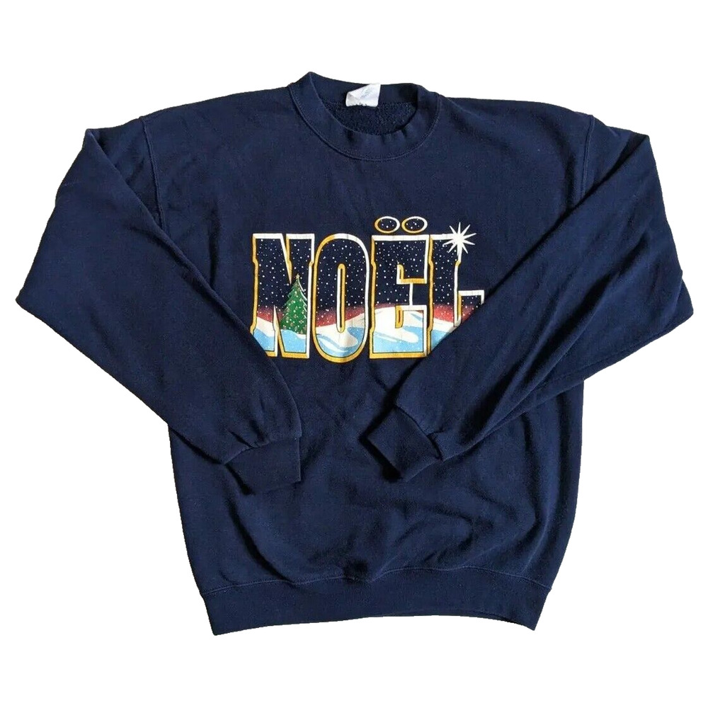 Vintage Christmas Sweater Men Size Large Blue NOEL Long Sleeve Crew Neck 90s Y2K